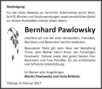 Traueranzeige von Bernhard Pawlowsky von Märkische Oderzeitung