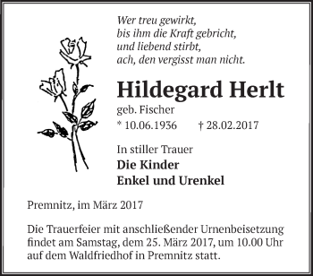 Traueranzeige von Hildegard Herlt von Märkische Oderzeitung