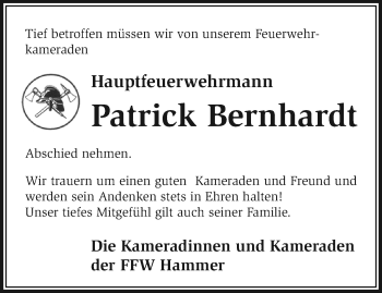 Traueranzeige von Patrick Bernhardt von Märkische Oderzeitung