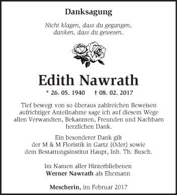 Traueranzeige von Edith Nawrath von Märkische Oderzeitung