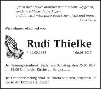 Traueranzeige von Rudi Thielke von Märkische Oderzeitung