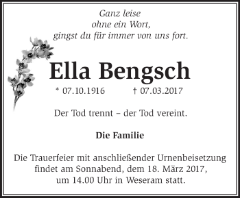 Traueranzeige von Ella Bengsch von Märkische Oderzeitung