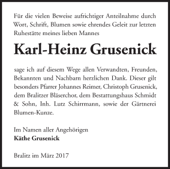 Traueranzeige von Karl-Heinz Grusenick von Märkische Oderzeitung