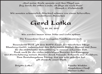 Traueranzeige von Gerd Latka von Märkische Oderzeitung