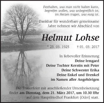 Traueranzeige von Helmut Lohse von Märkische Oderzeitung