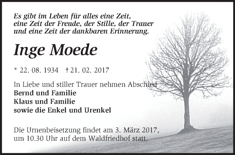  Traueranzeige für Inge Moede vom 01.03.2017 aus Märkische Oderzeitung