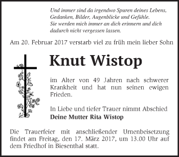 Traueranzeige von Knut Wistop von Märkische Oderzeitung