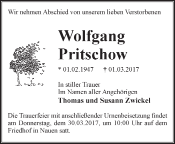 Traueranzeige von Wolfgang Pritschow von Märkische Oderzeitung