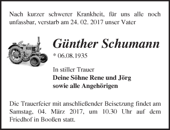 Traueranzeige von Günther Schumann von Märkische Oderzeitung