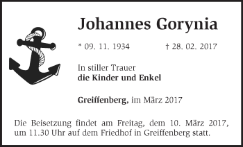 Traueranzeige von Johannes Gorynia von Märkische Oderzeitung