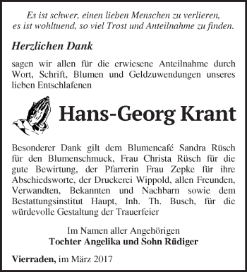 Traueranzeige von Hans-Georg Krant von Märkische Oderzeitung