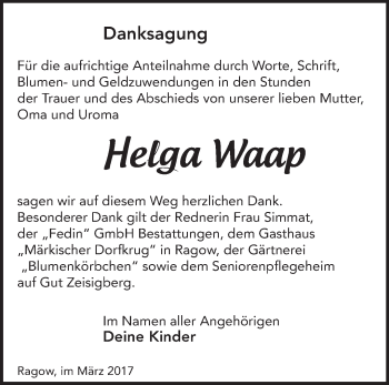 Traueranzeige von Helga Waap von Märkische Oderzeitung