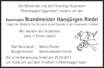 Traueranzeige von Hansjürgen Riedel von Märkische Oderzeitung