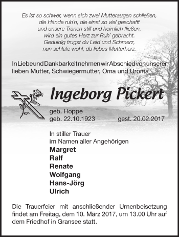 Traueranzeige von Ingeborg Pickert von Märkische Oderzeitung