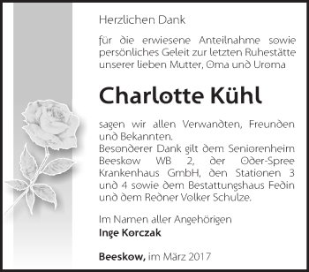 Traueranzeige von Charlotte Kühl von Märkische Oderzeitung
