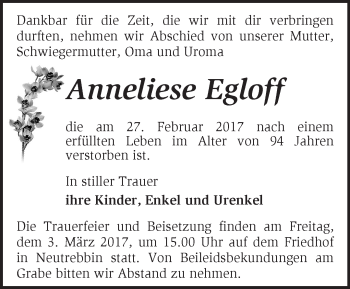 Traueranzeige von Anneliese Egloff von Märkische Oderzeitung