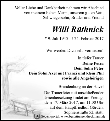Traueranzeige von Willi Rüthnick von Märkische Oderzeitung