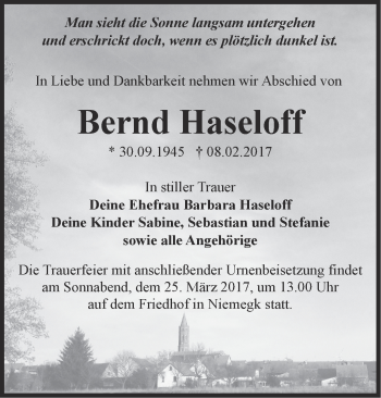 Traueranzeige von Bernd Haseloff von Märkische Oderzeitung