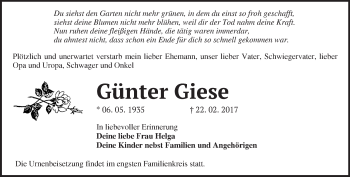 Traueranzeige von Günter Giese von Märkische Oderzeitung
