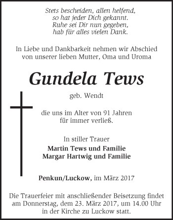 Traueranzeige von Gundela Tews von Märkische Oderzeitung