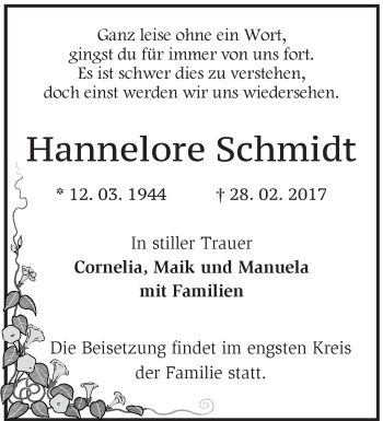 Traueranzeige von Hannelore Schmidt von Märkische Oderzeitung