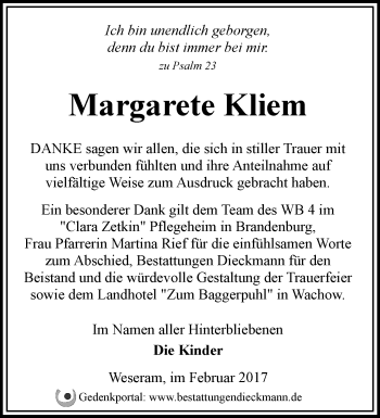 Traueranzeige von Margarete Kliem von Märkische Oderzeitung