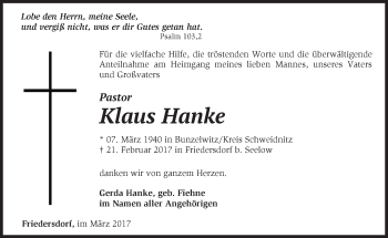 Traueranzeige von Klaus Hanke von Märkische Oderzeitung