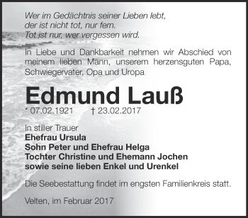 Traueranzeige von Edmund Lauß von Märkische Oderzeitung