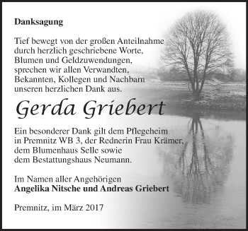Traueranzeige von Gerda Griebert von Märkische Oderzeitung