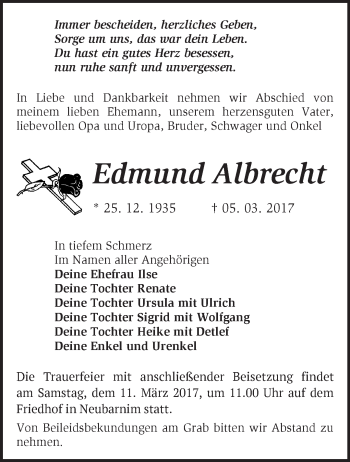 Traueranzeige von Edmund Albrecht von Märkische Oderzeitung