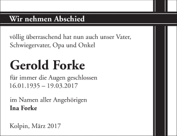 Traueranzeige von Gerold Forke von Märkische Oderzeitung