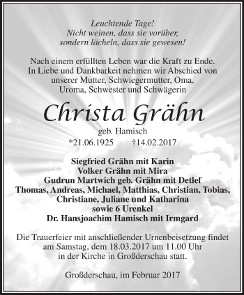 Traueranzeige von Christa Grähn von Märkische Oderzeitung