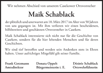 Traueranzeige von Maik Schablack von Märkische Oderzeitung