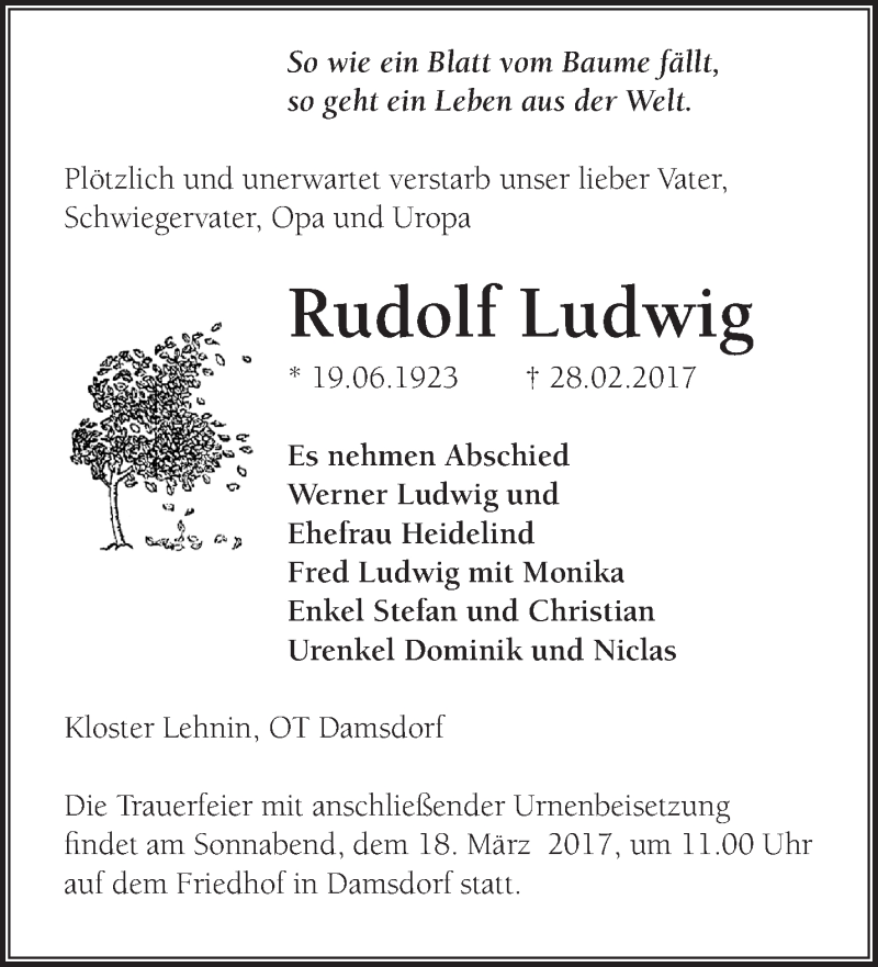  Traueranzeige für Rudolf Ludwig vom 05.03.2017 aus Märkische Oderzeitung