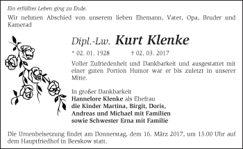 Traueranzeige von Kurt Klenke von Märkische Oderzeitung