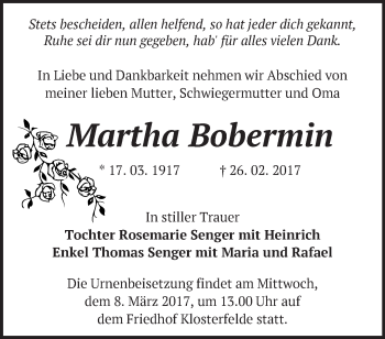 Traueranzeige von Martha Bobermin von Märkische Oderzeitung