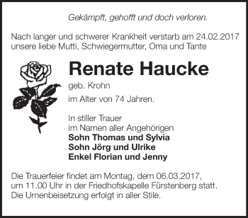 Traueranzeige von Renate Haucke von Märkische Oderzeitung