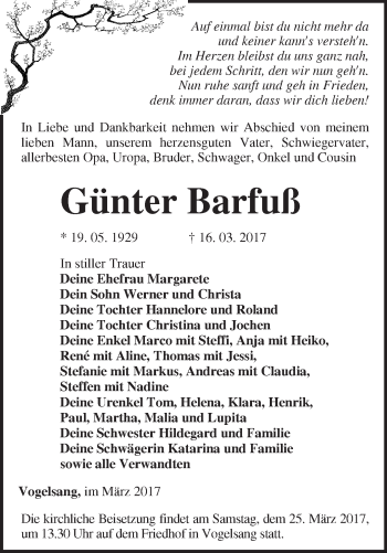 Traueranzeige von Günter Barfuß von Märkische Oderzeitung