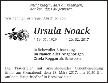 Traueranzeige von Ursula Noack von Märkische Oderzeitung
