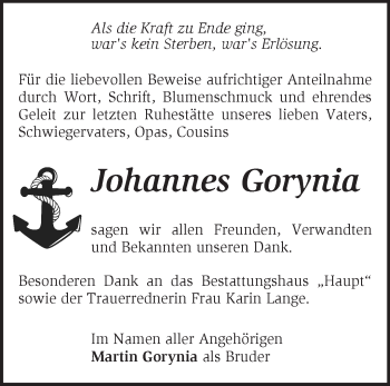 Traueranzeige von Johannes Gorynia von Märkische Oderzeitung