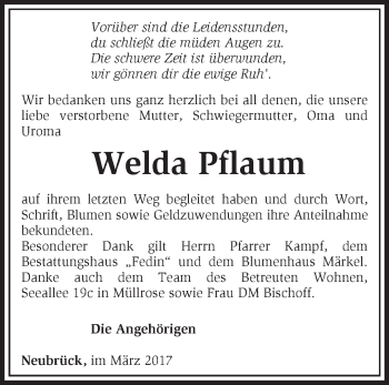 Traueranzeige von Welda Pflaum von Märkische Oderzeitung