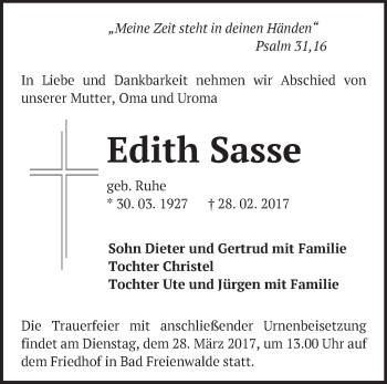 Traueranzeige von Edith Sasse von Märkische Oderzeitung