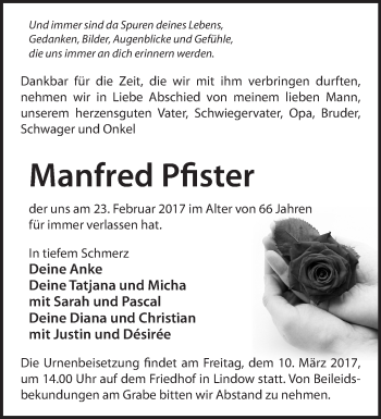 Traueranzeige von Manfred Pfister von Märkische Oderzeitung