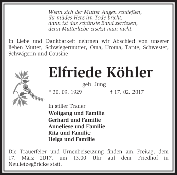 Traueranzeige von Elfriede Köhler von Märkische Oderzeitung