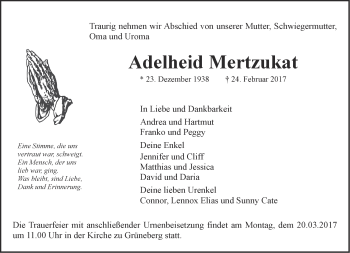 Traueranzeige von Adelheid Mertzukat von Märkische Oderzeitung