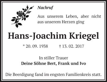 Traueranzeige von Hans-Joachim Kriegel von Märkische Oderzeitung