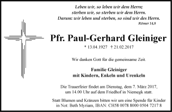 Traueranzeige von Paul-Gerhard Gleiniger von Märkische Oderzeitung