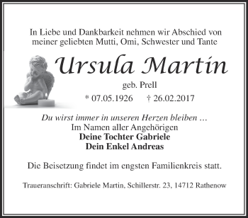 Traueranzeige von Ursula Martin von Märkische Oderzeitung