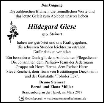 Traueranzeige von Hildegard Giese von Märkische Oderzeitung