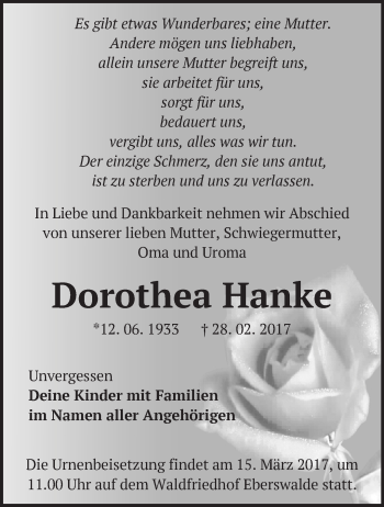Traueranzeige von Dorothea Hanke von Märkische Oderzeitung